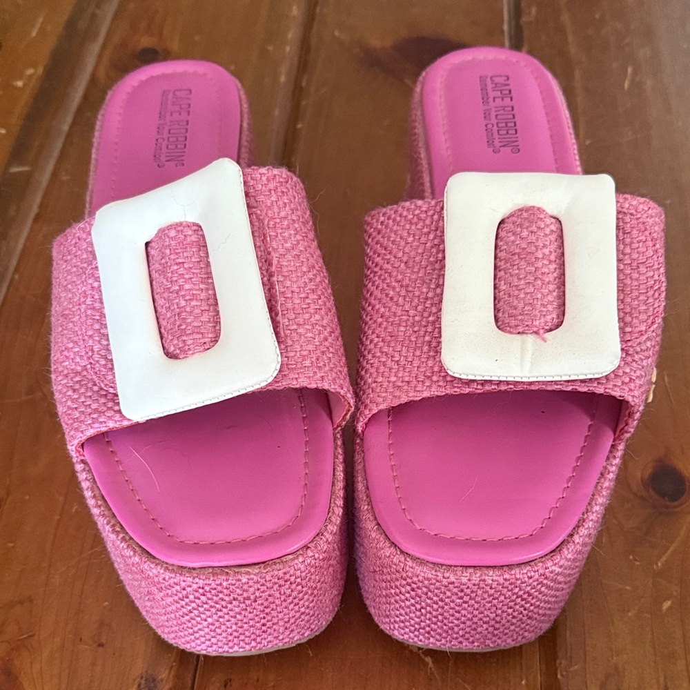 Cape Robbin Pink and White Tweed Platform Slides